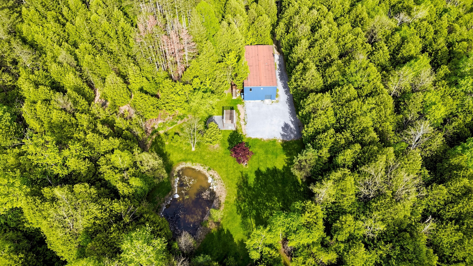 Aerial showing a clearing and steel building cradled by dense managed forest