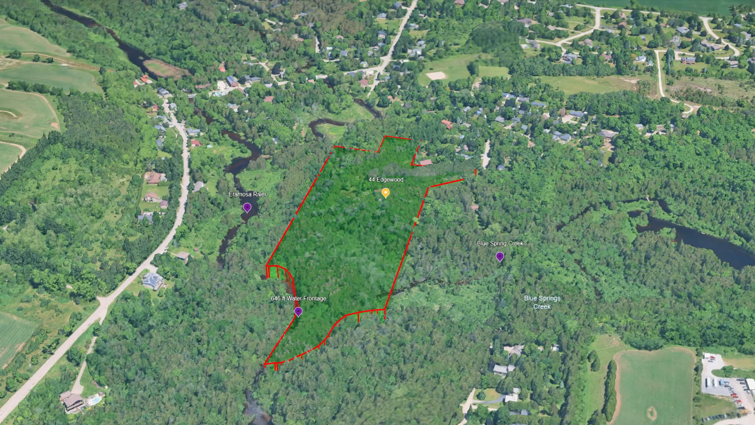 Aerial of the forested estate at 44 Edgewood Road, Eden Mills